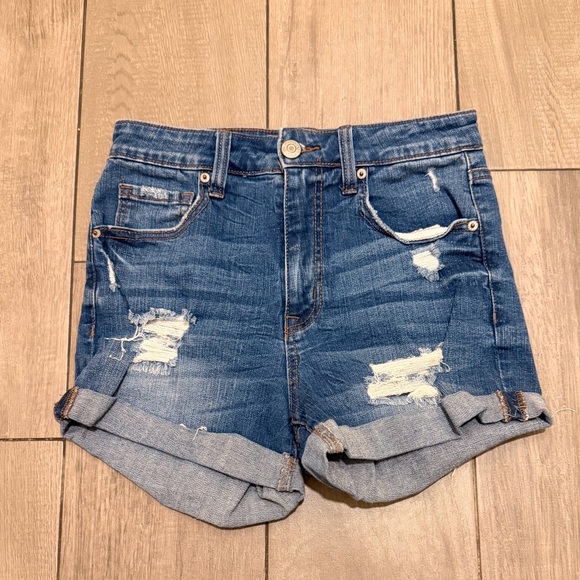 AERO Pants - AERO High-Rise Distressed Denim Women's Shorts - Blue